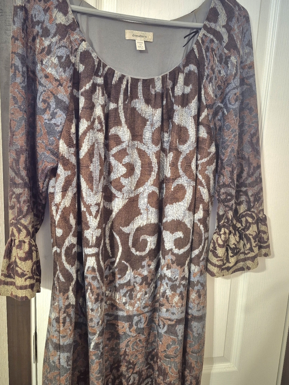Dressbarn Brown & Blue Patterned Peasant Dress